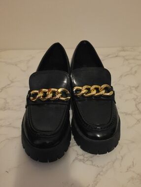 Guess Black Loafers with Gold Chain Detail